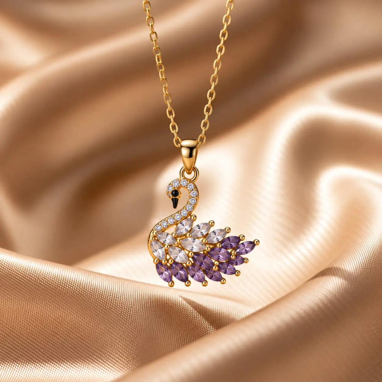 Luxury Gold-Plated Ruby and Diamond Swan Pendant Necklace | Elegant Animal Design Jewelry
